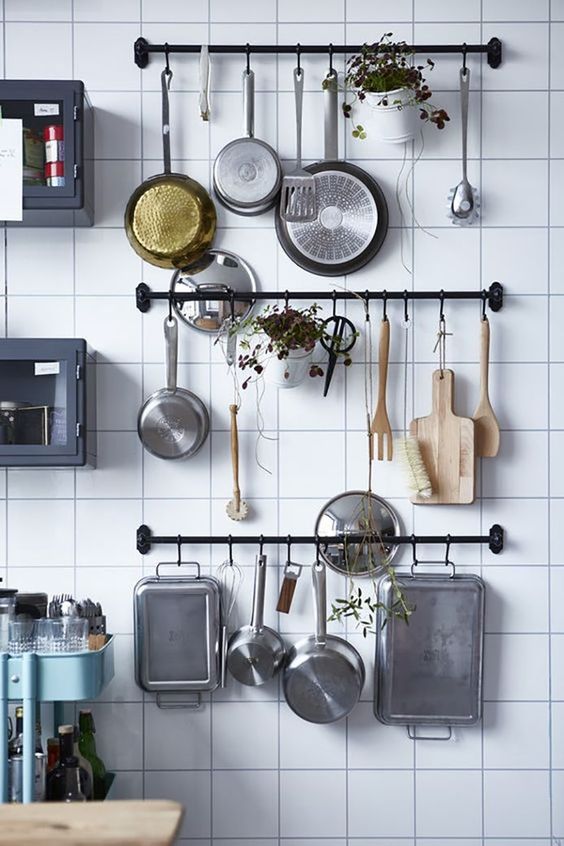 pots and pans on wall