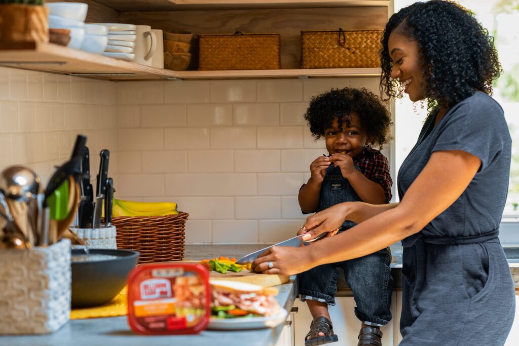 mother son cooking