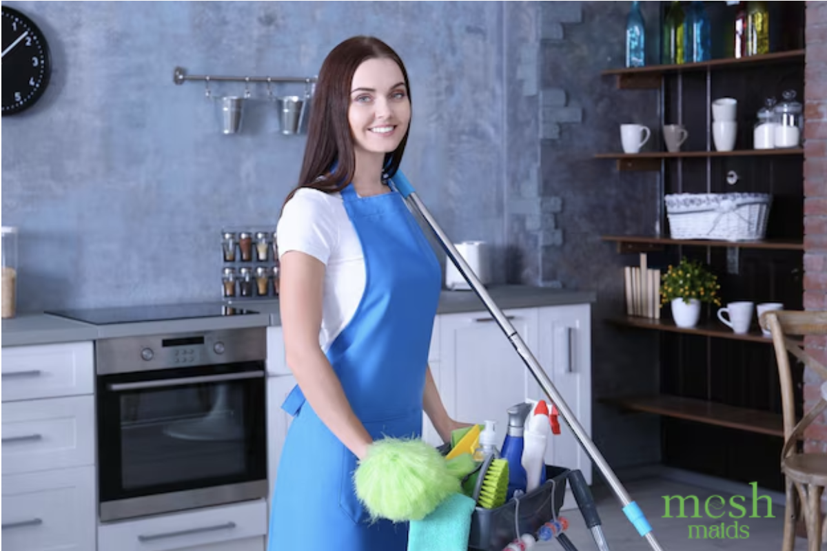 Young female professional cleaner with supplies at Langley home